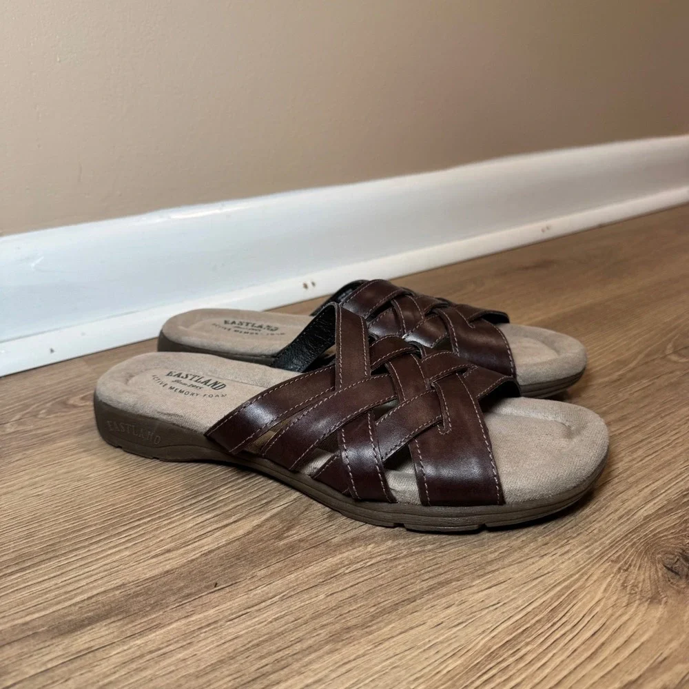 Eastland Brown Leather Woven Slide Sandals Womens 10M Memory Foam Boho Comfort